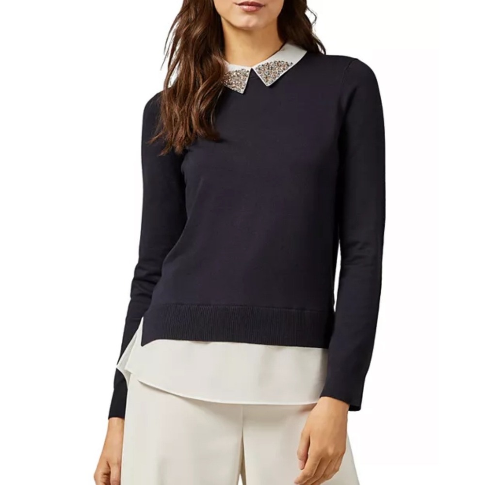 Ted Baker Liaylo Sparkle Rhinestone Collar Layered Sweater in Dark Navy Sz 2
